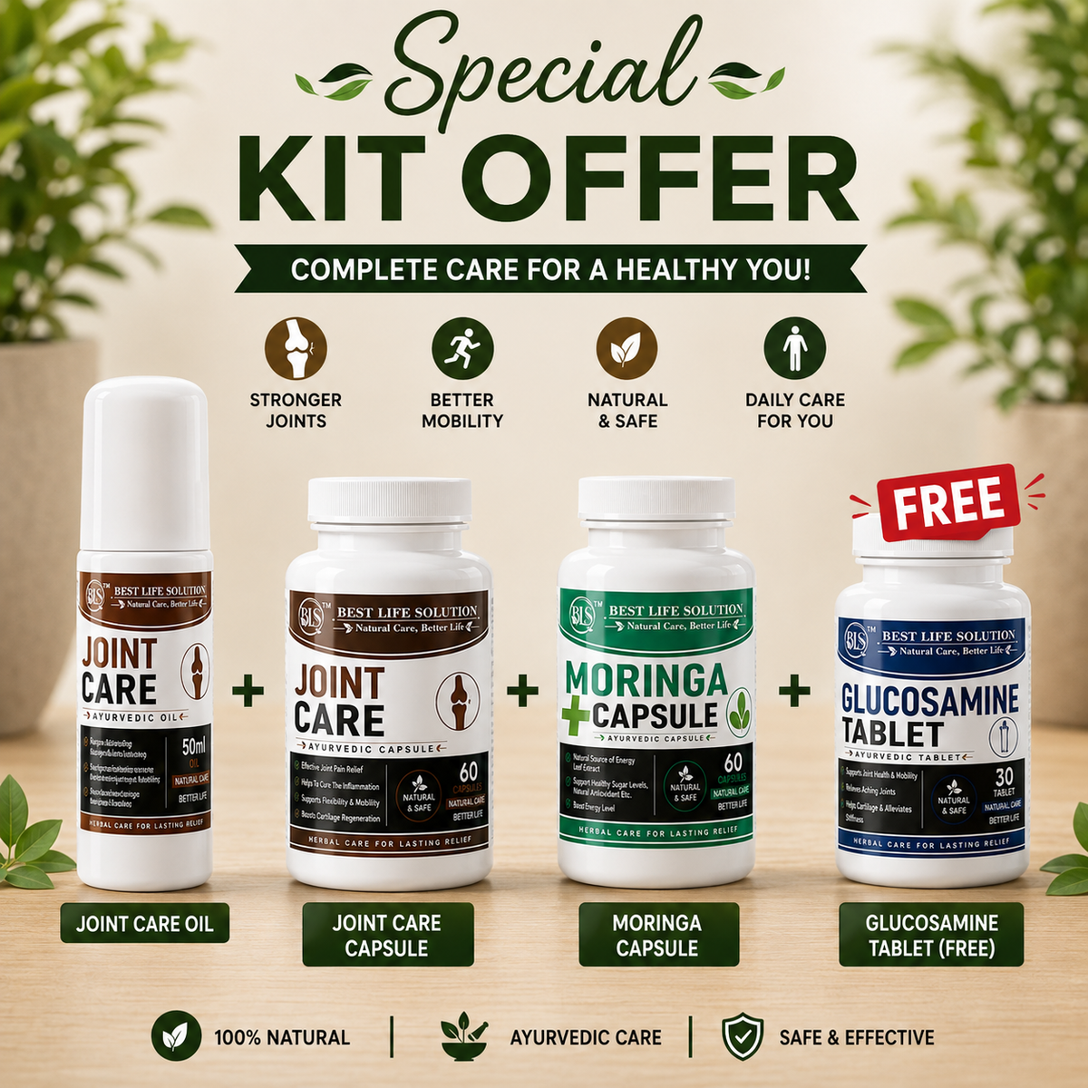 Joint Care Special Kit Offer (Oil + Capsules + Moringa + FREE Glucosamine) - BLS Veda